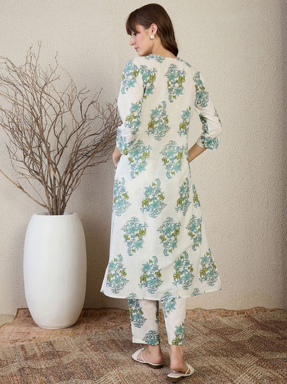 Floral Printed V Neck A Line Pleated Pure Cotton Kurta With Trousers