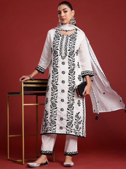 Dhiyona IE Floral Embroidered Thread Work Kurta With Trousers & Dupatta