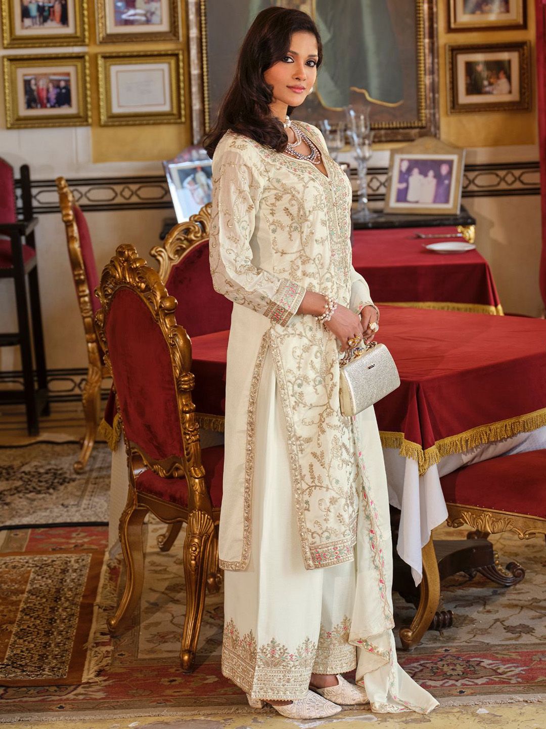 Adults-Women Woven Design Embroidered Kurta with Palazzos & Dupatta