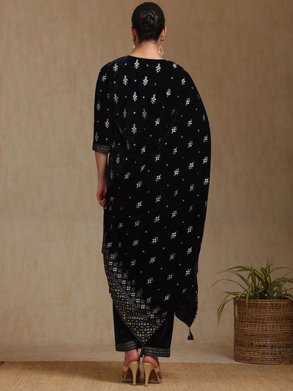 Dhiyona SO Women's Ethnic Motifs Embroidered Thread Work Velvet Kurta With Palazzo & Dupatta