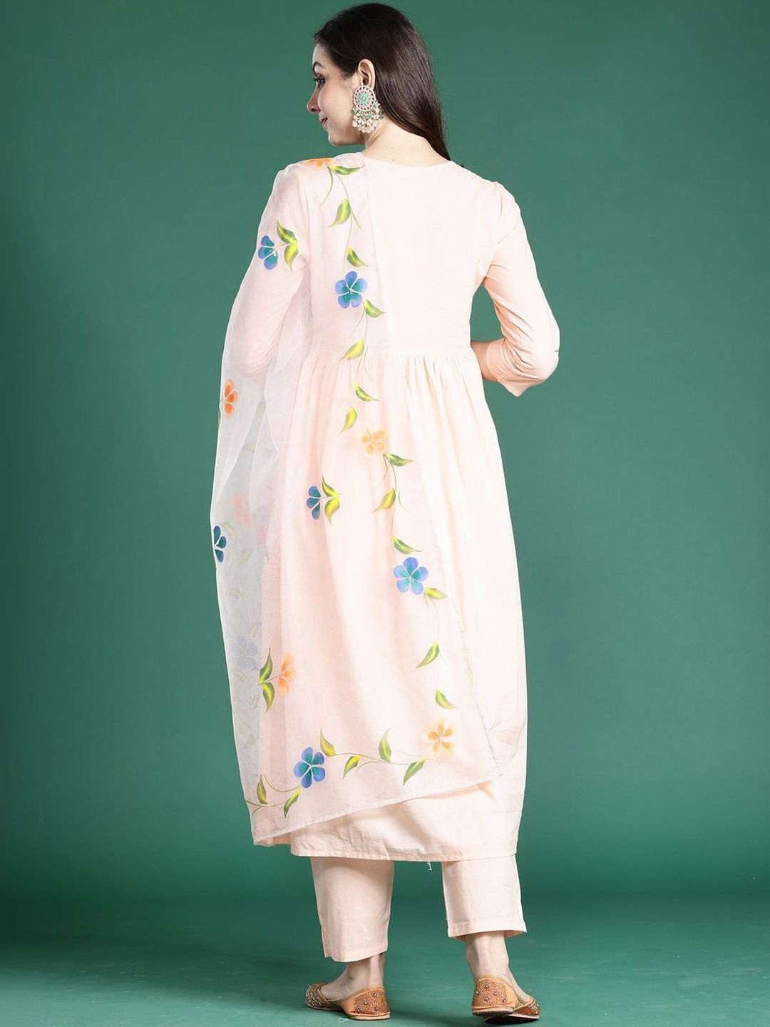 Floral Printed Empire Thread Work Pure Cotton Kurta with Trousers & With Dupatta