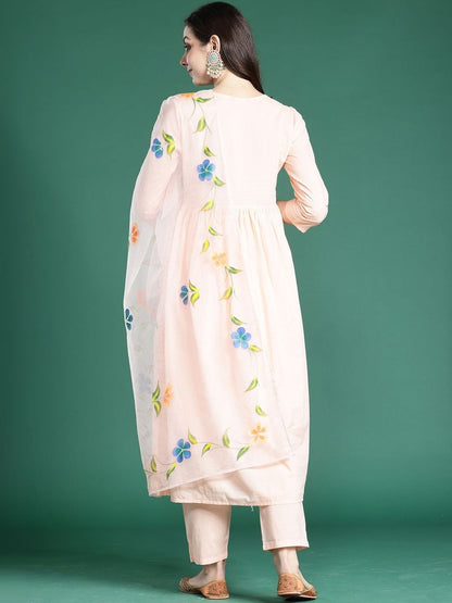 Floral Printed Empire Thread Work Pure Cotton Kurta with Trousers & With Dupatta