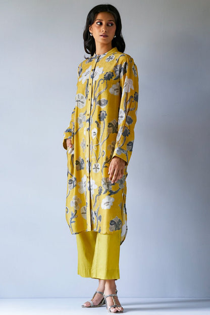 Women's Ceylon Yellow and Grey Bemberg Silk Printed Co-ord Set
