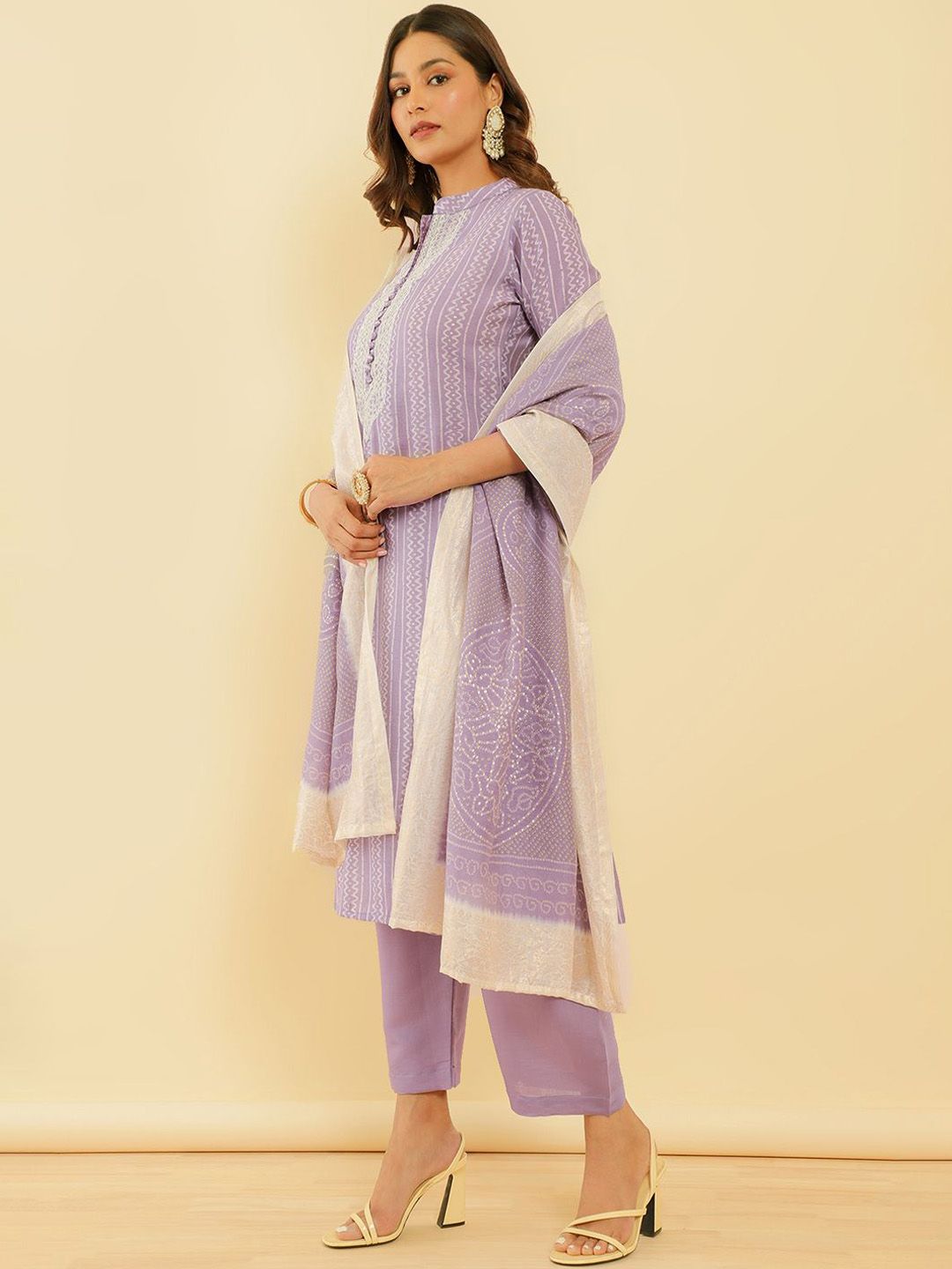 Dhiyona SO Women's Women Ethnic Motifs Printed Regular Thread Work Kurta with Trousers & With Dupatta