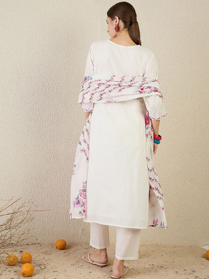 Women Floral Embroidered Regular Pure Cotton Kurta with Trousers & Dupatta