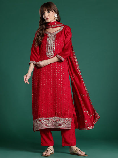 Ethnic Motifs Embroidered Sequinned Kurta with Trousers & With Dupatta