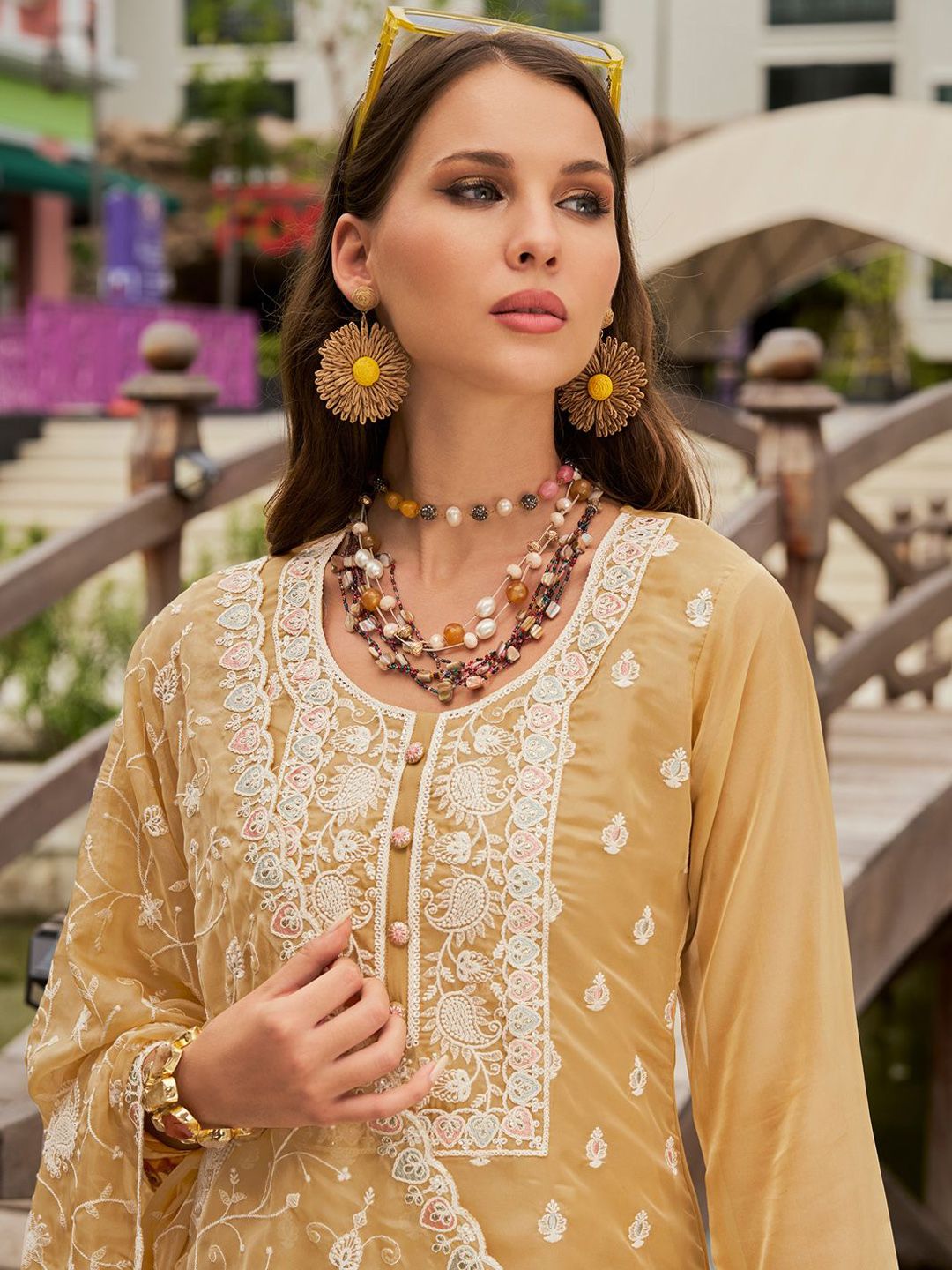 Dhiyona IE Floral Embroidered Round Neck Thread Work Organza Kurta With Trousers & Dupatta