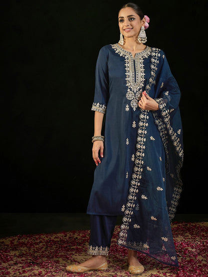 Dhiyona IE Notched Neck Ethnic Motifs Embroidered Gotta Patti Kurta with Trouser & Dupatta