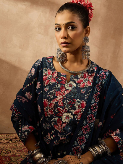 Women Floral Embroidered Regular Beads and Stones Pure Cotton Kurta with Trousers & With Dupatta