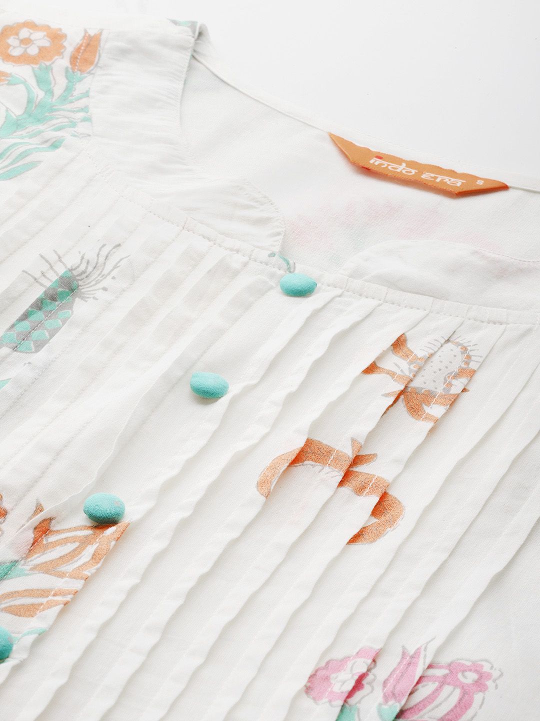 Dhiyona IE Floral Printed Pleated Pure Cotton Kurta with Trousers