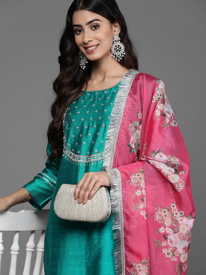 Dhiyona VA Women'sFloral Yoke Design Regular Thread Work Kurta with Trousers & With Dupatta