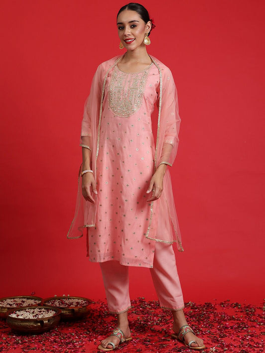 Dhiyona IE Ethnic Motifs Embroidered Regular Sequinned Kurta with Trousers & Dupatta