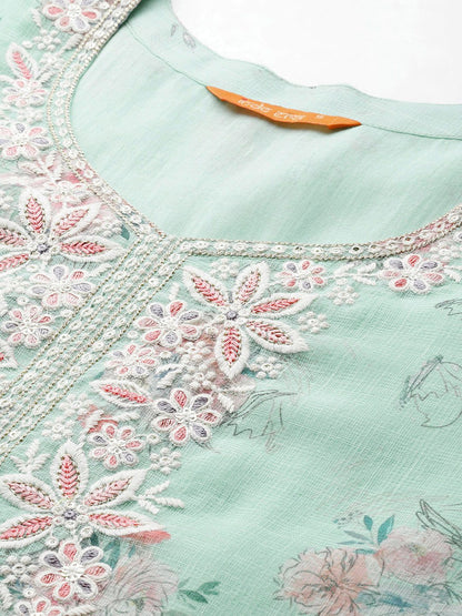 Dhiyona IE Floral Printed Thread Work Linen Kurta with Trousers & With Dupatta