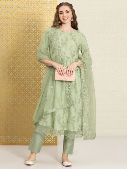 Dhiyona PD Women Women Floral Embroidered Empire Thread Work Net Jashn Kurta Set