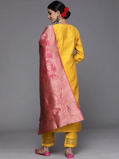 Dhiyona VA Women's Mustard Yellow & Pink Yoke Design Kurta with Trousers & Dupatta