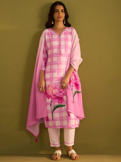 Dhiyona IE Checked V-Neck Linen Straight Kurta With Trousers & Dupatta