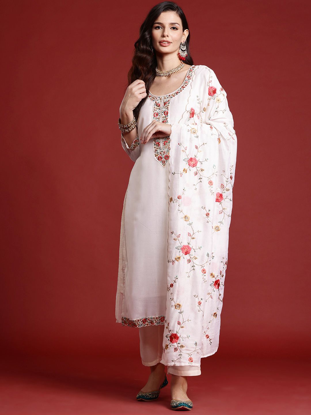 Dhiyona IE Floral Embroidered Sequinned Kurta With Trousers & Dupatta