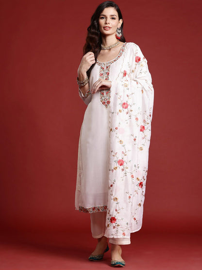 Floral Embroidered Sequinned Kurta With Trousers & Dupatta