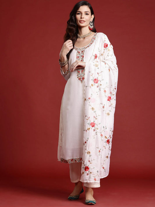 Floral Embroidered Sequinned Kurta With Trousers & Dupatta