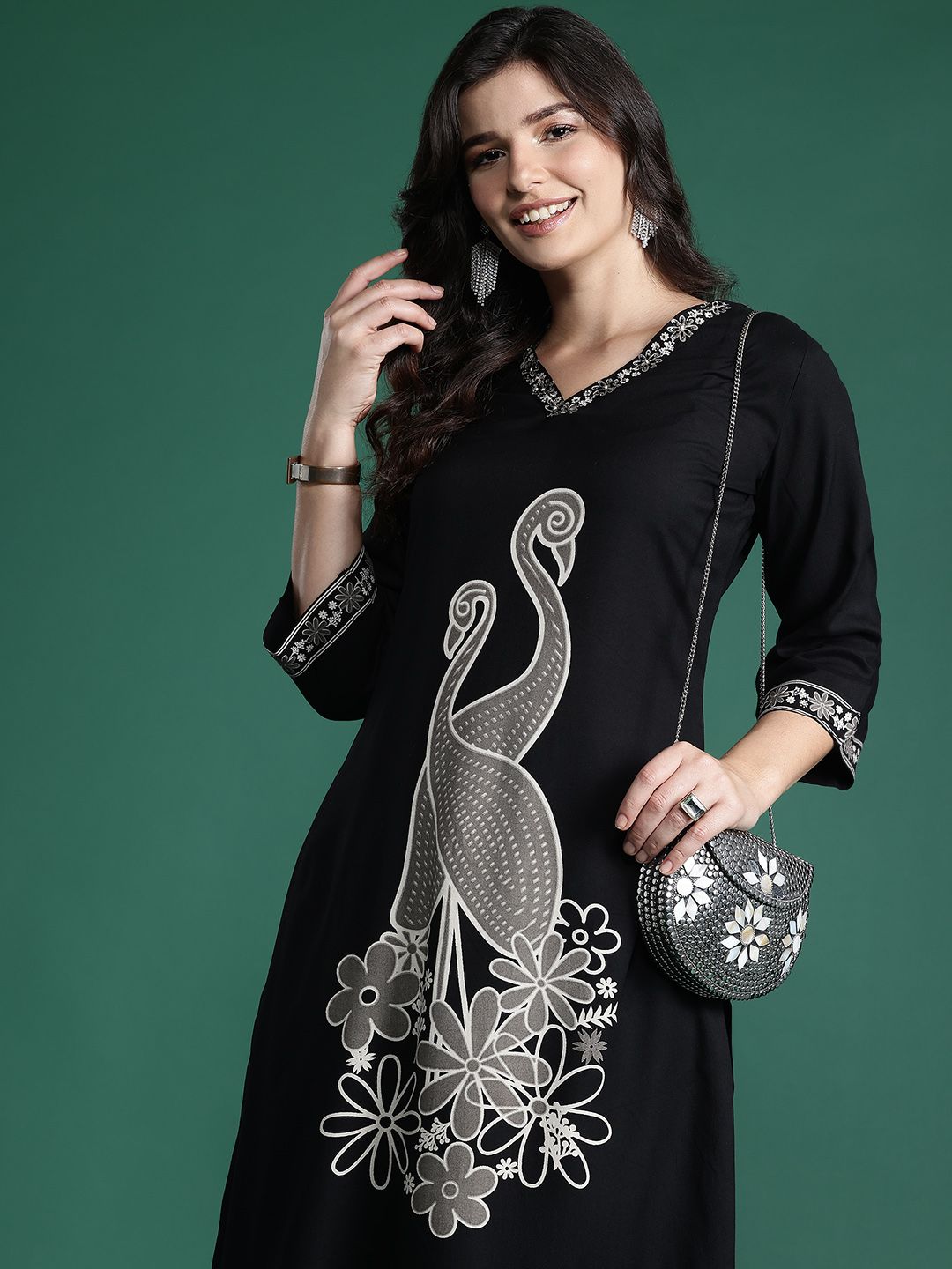 Printed Beads and Stones Detail Kurta with Trousers