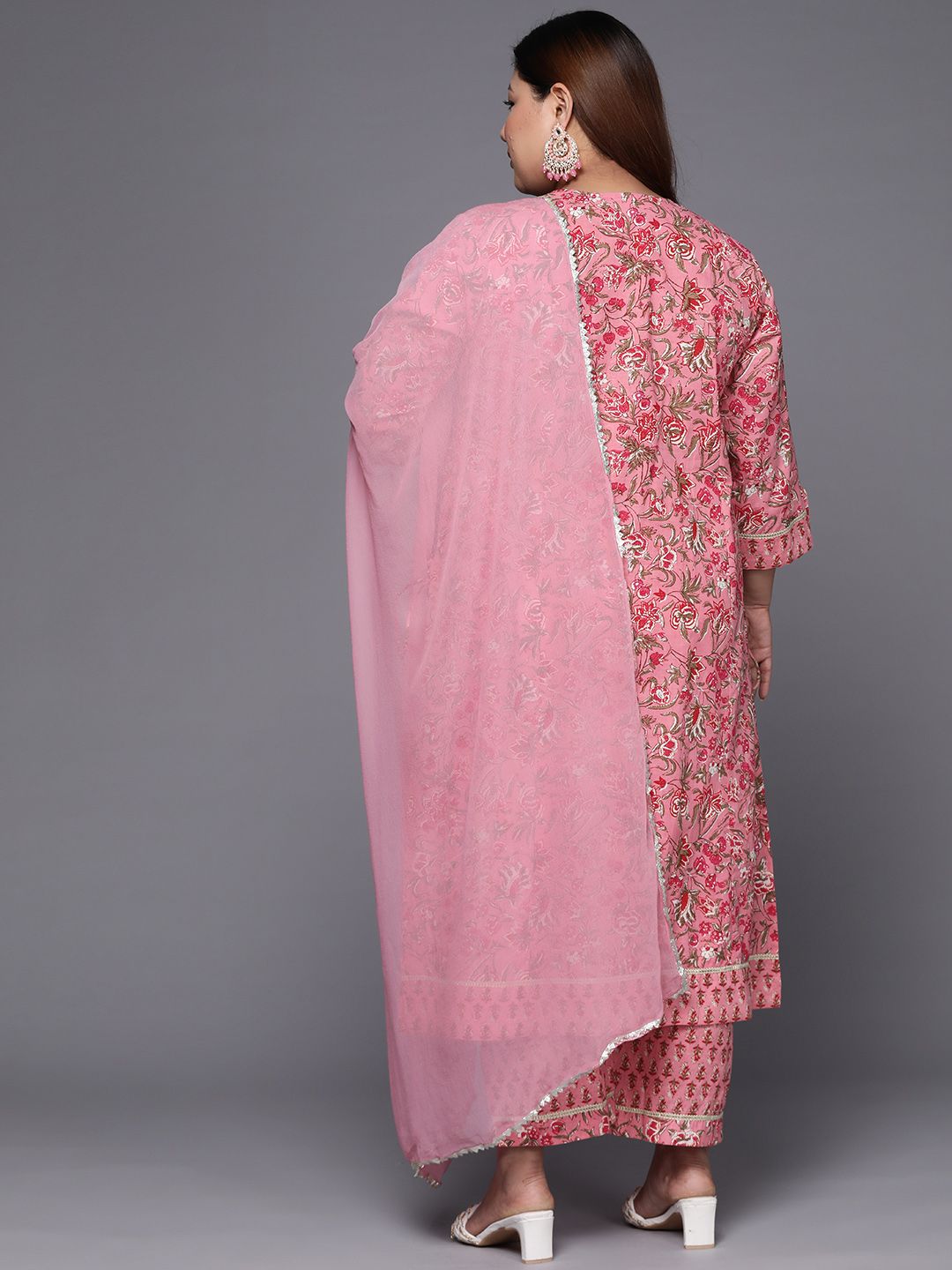 Dhiyona VA Women's Pink Floral Printed Gotta Patti Pure Cotton Kurta with Trousers & Dupatta