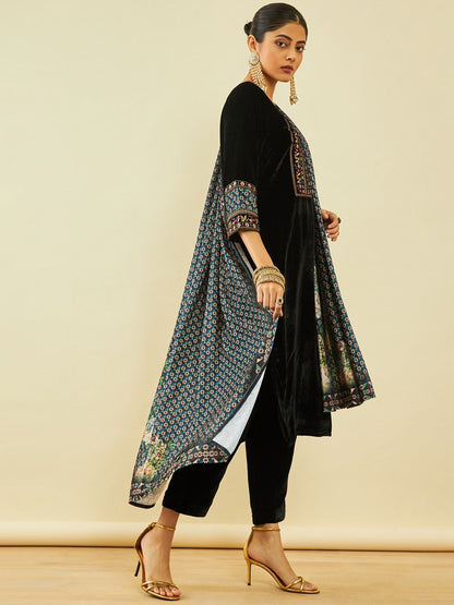 Dhiyona SO Women's Floral Yoke Design Regular Thread Work Velvet Kurta With Trousers & Dupatta