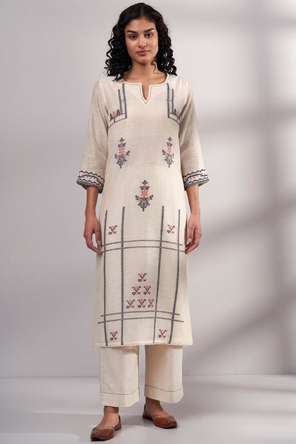 Women's Cream Woven Cotton Linen Kurta With Cotton Bottom
