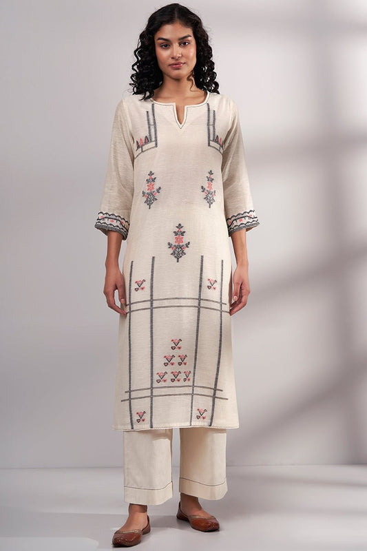 Women's Cream Woven Cotton Linen Kurta With Cotton Bottom