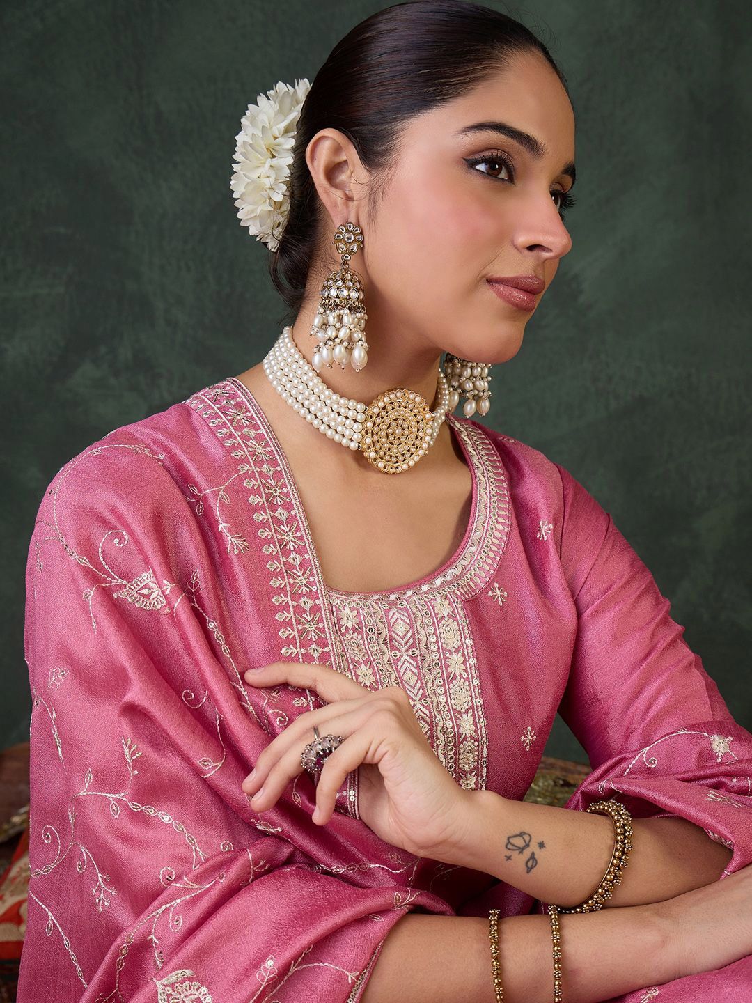 Women Ethnic Motifs Embroidered Regular Sequinned Kurta with Trousers & Dupatta