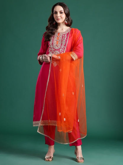 Ethnic Motifs Embroidered Kurta with Trousers & Dupatta