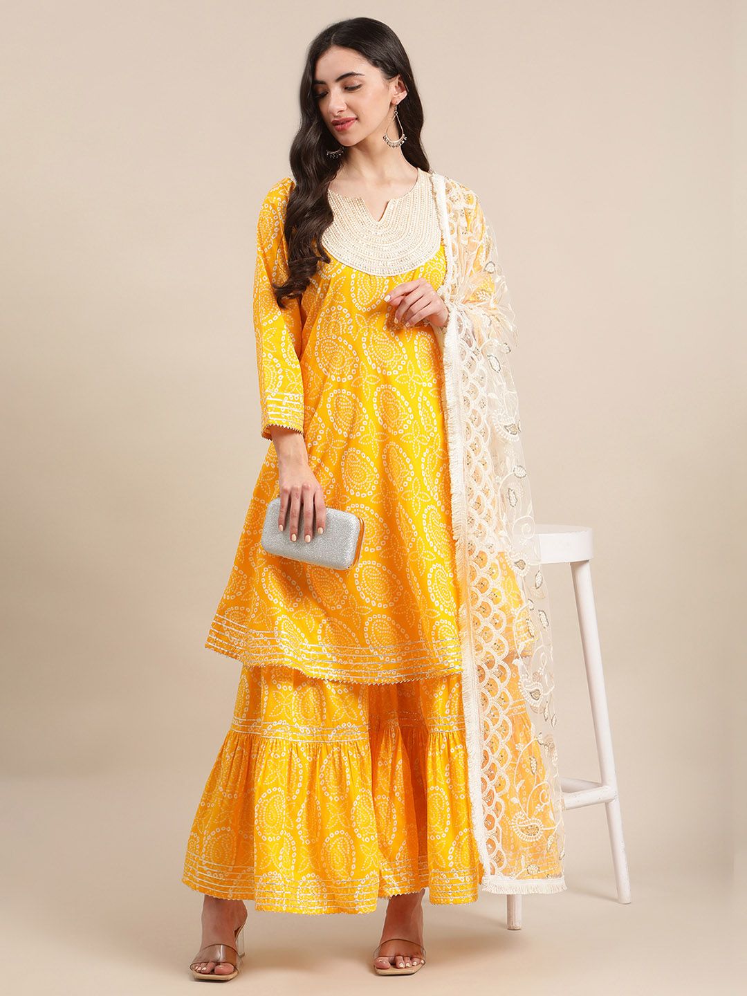 Dhiyona VA Women's Mustard And White Bandhej Printed Flared Kurti With Sharara With Dupatta.