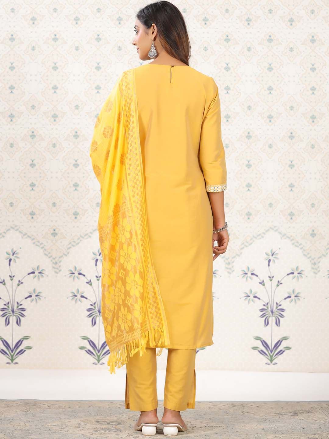Dhiyona OD  Geometric Yoke Design Mirror Work Kurta with Trousers & Dupatta