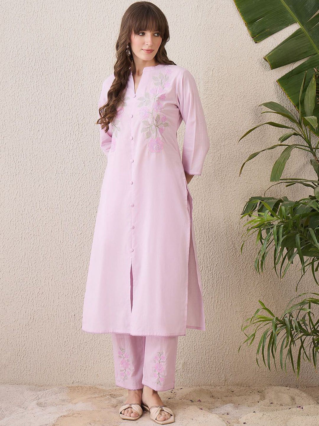 Dhiyona IE Floral Embroidered Mandarin Collar Thread Work Pure Cotton Kurta With Trouser