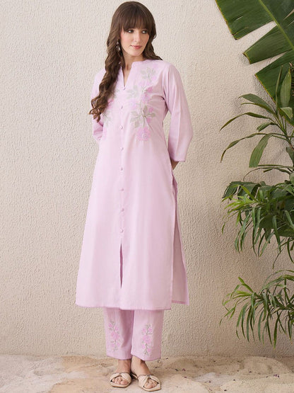 Dhiyona IE Floral Embroidered Mandarin Collar Thread Work Pure Cotton Kurta With Trouser