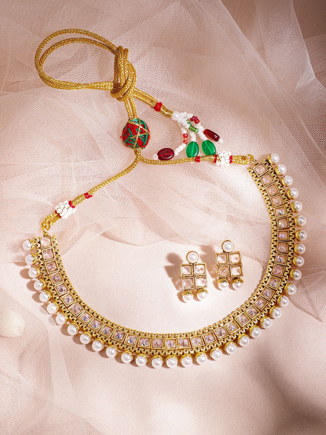 Dhiyona RJ Women's 22K Gold-Plated White Kundan Studded & Pearl Beaded Handcrafted Jewellery Set