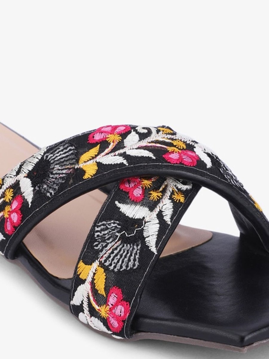 Dhiyona AK Black & Pink Embroidered Open Toe Flats