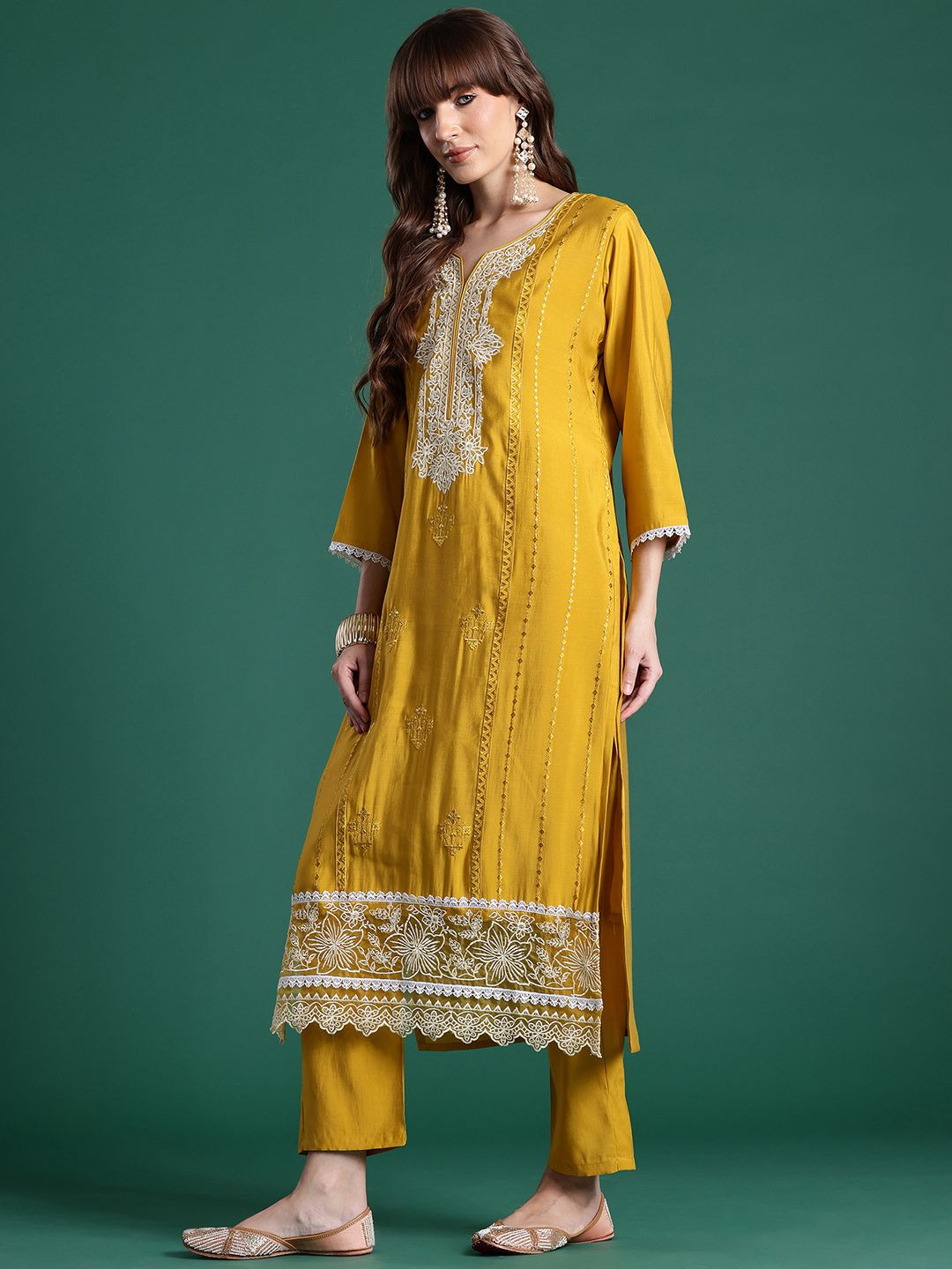 Floral Embroidered Thread Work Kurta With Trousers & Dupatta