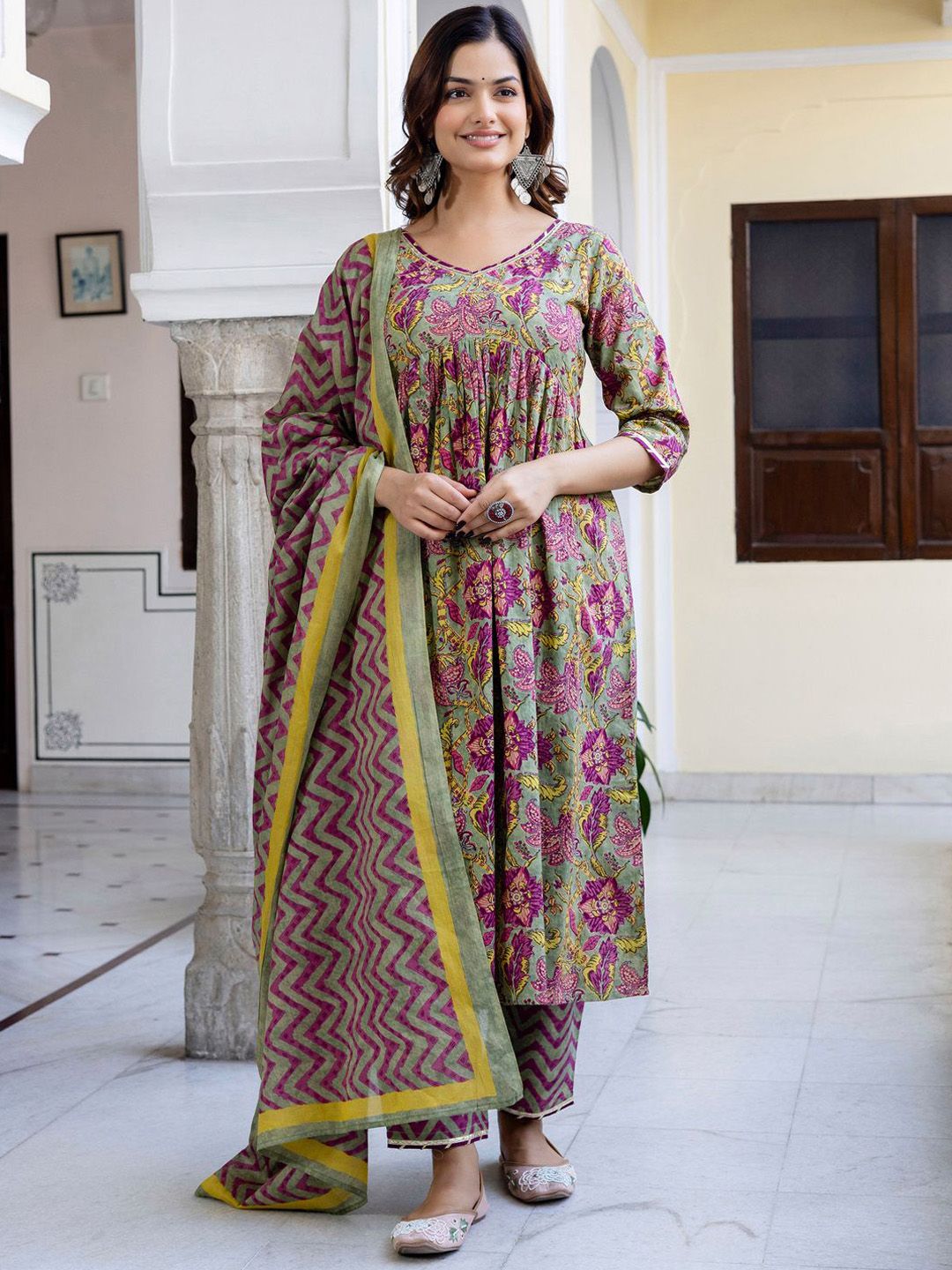 Floral Printed Empire Pure Cotton A-Line Kurta With Trousers & Dupatta