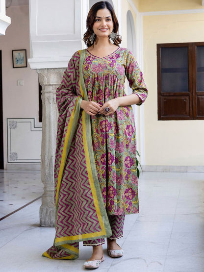 Floral Printed Empire Pure Cotton A-Line Kurta With Trousers & Dupatta