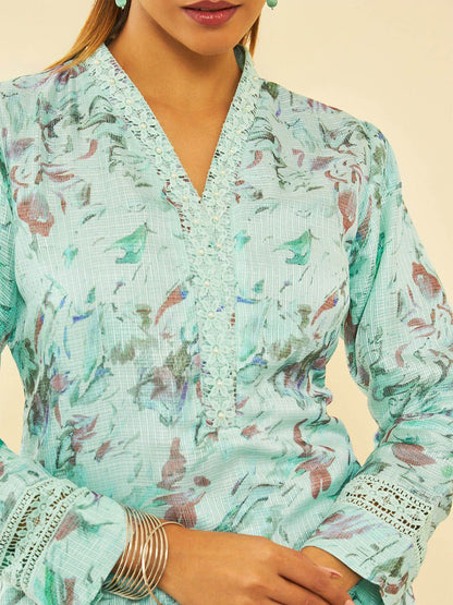 Dhiyona SO Women's Floral Printed V-Neck Beads and Stones Straight Kurta with Trousers