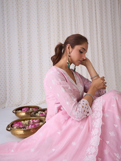 Floral Embroidered Empire Thread Work Pure Cotton A-Line Kurta Set