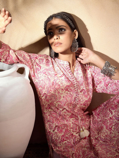 Dhiyona IE Floral Printed Embroidered Thread Work Straight Kurta