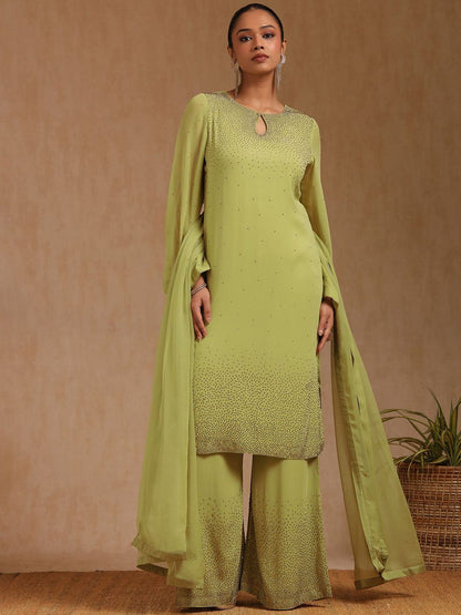Dhiyona SO Women's Ethnic Motifs Embroidered Beads and Stones Straight Kurta With Palazzos & Dupatta