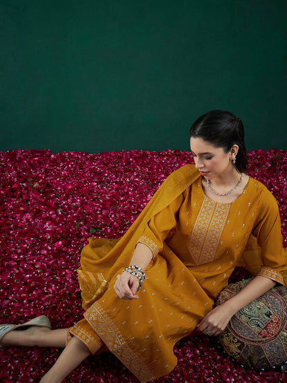 Dhiyona IE Embroidered Regular Sequinned Chanderi Silk Kurta With Trousers & Dupatta