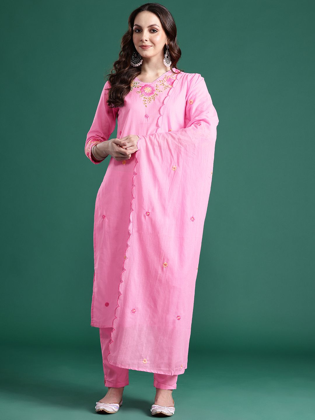Floral Embroidered Pure Cotton Kurta with Trousers & Dupatta