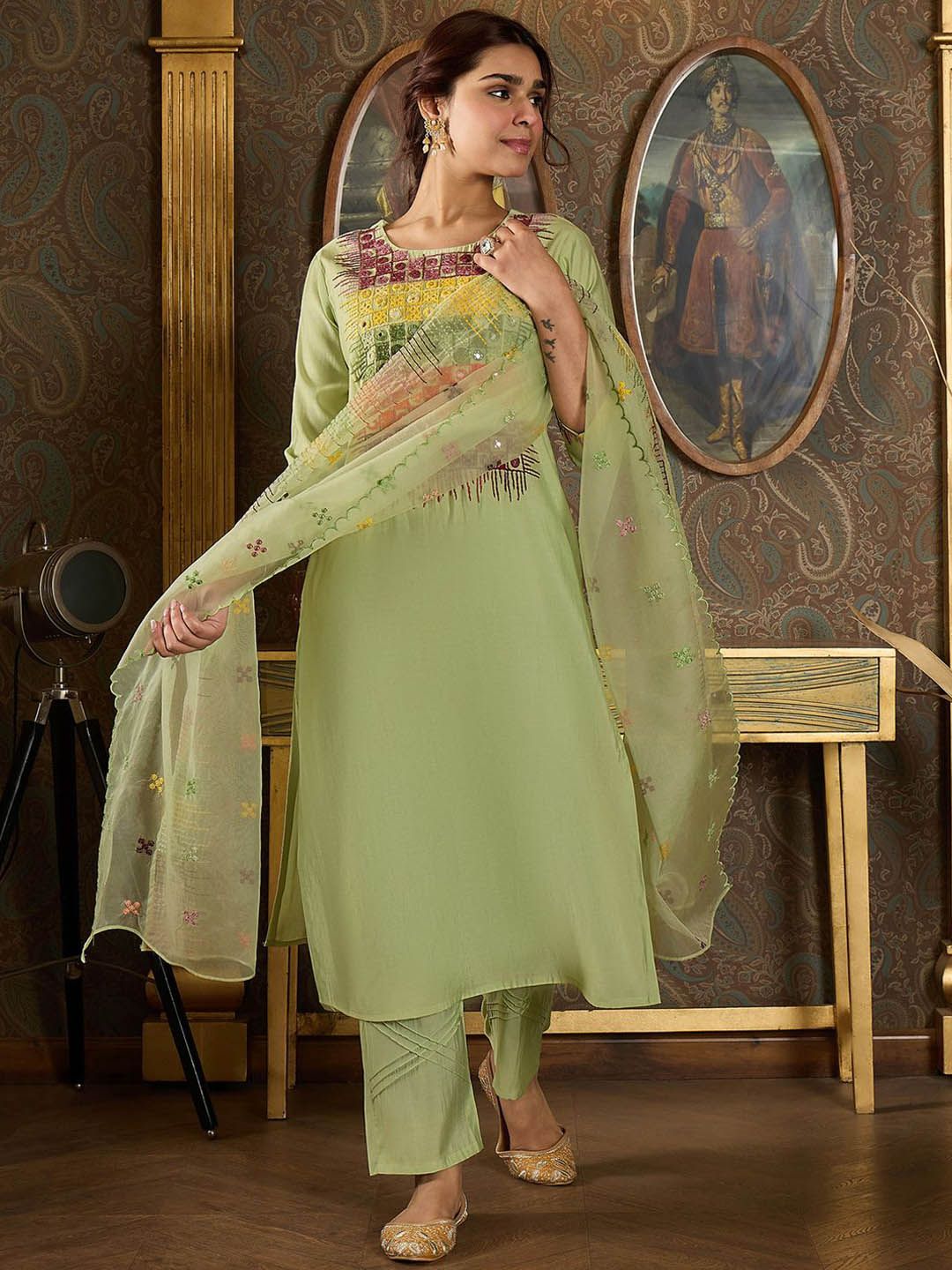 Dhiyona IE Floral Embroidered Mirror Work Straight Kurta With Trousers & Dupatta