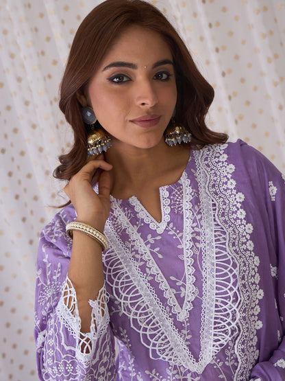 Dhiyona IE Floral Embroidered Round Neck Pure Cotton Straight Kurta with Trousers & Dupatta