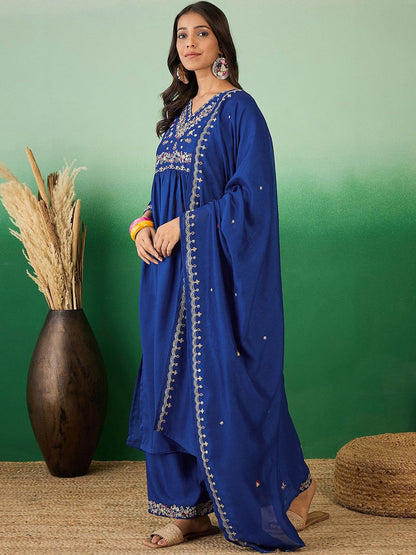 Dhiyona SN Women's Floral Embroidered A-Line Kurta With Palazzo & Dupatta