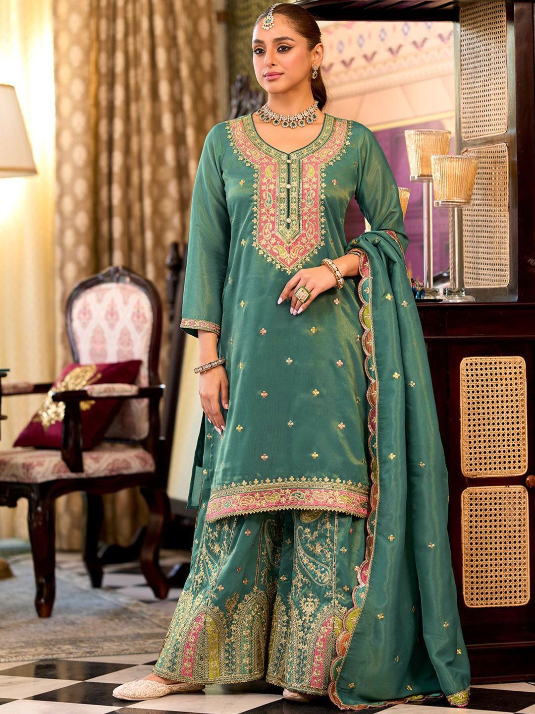 Dhiyona IE Floral Embroidered Sequinned Straight Kurta With Palazzos & Dupatta