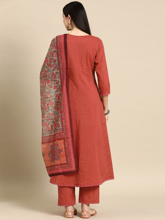 Women's Anarkali Pure Cotton Kurta With Trousers & Dupatta